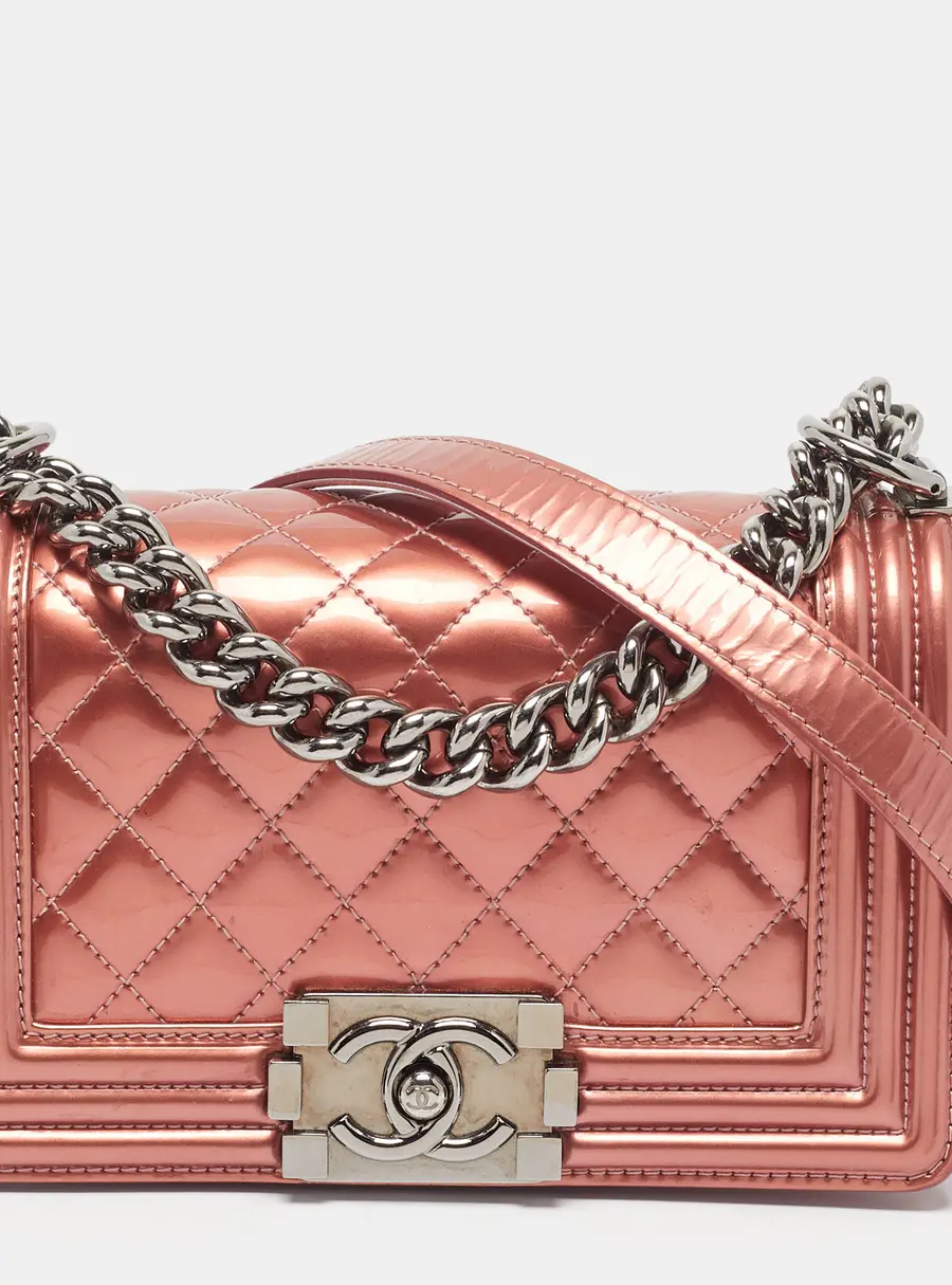 Chanel Boy Small Rose Gold/Metallic Purple Quilted Patent Leather Flap Bag