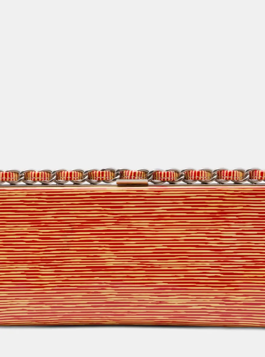 Chanel CC Patent Striped Chain Around Orange Red Clutch Bag