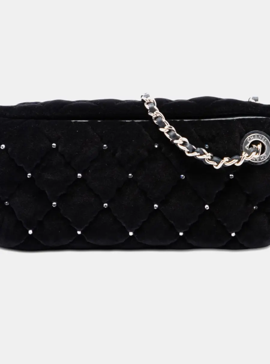 Chanel CC Quilted Black Velvet Crystal Wristlet Clutch Bag