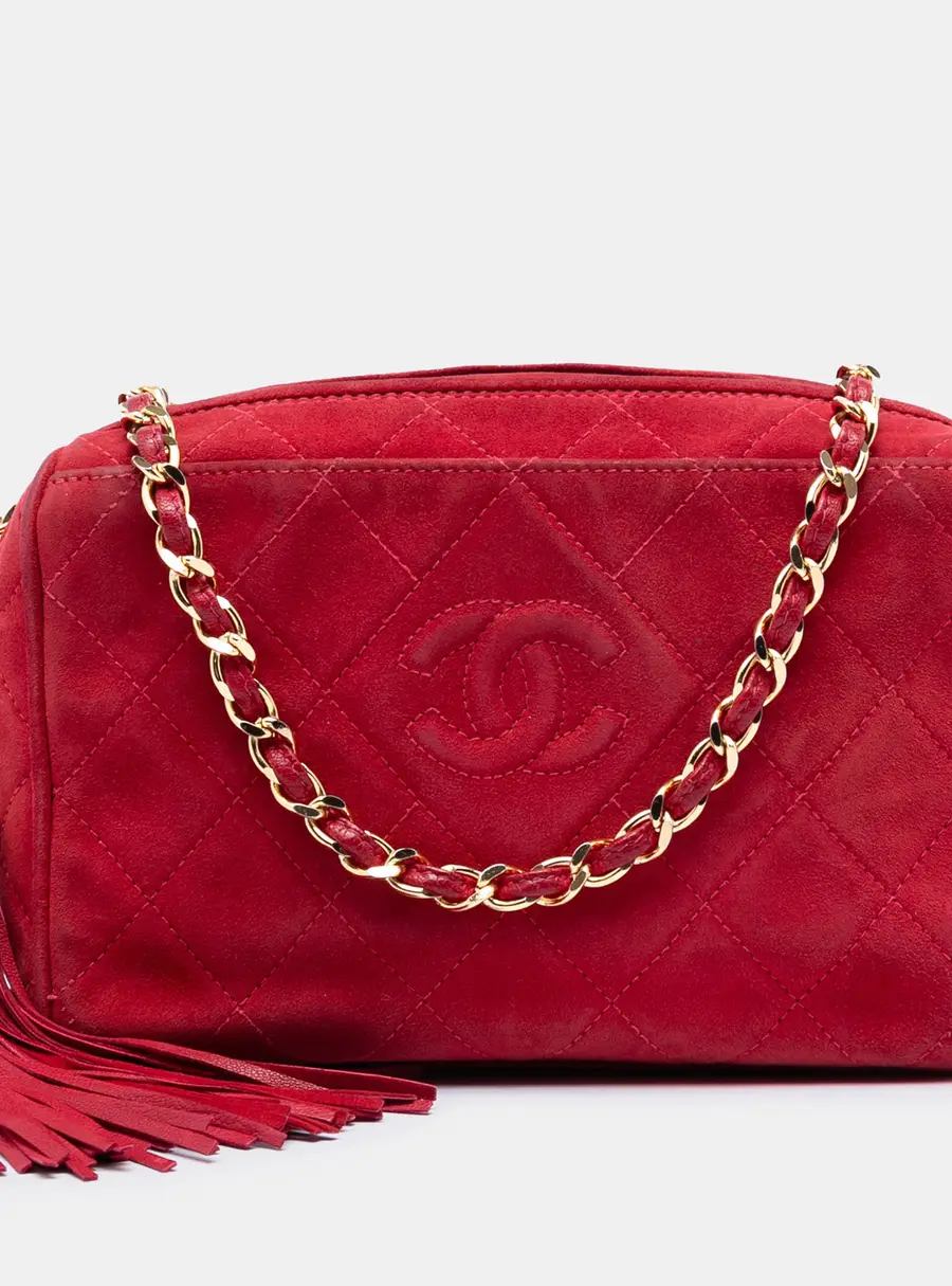 Chanel Vintage CC Quilted Suede Tassel Diamond Camera Red Suede Crossbody Bag