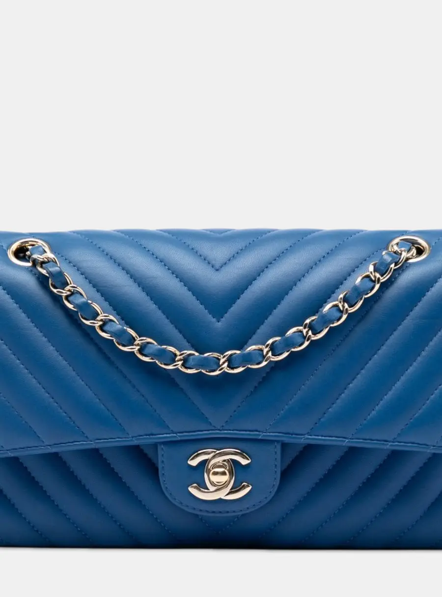 Chanel Medium Classic Chevron Blue Lambskin Leather Double Flap Bag