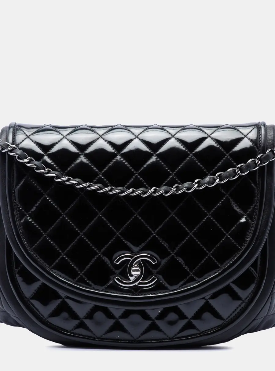 Chanel Quilted Black Patent and Lambskin Twist Crescent Flap Bag