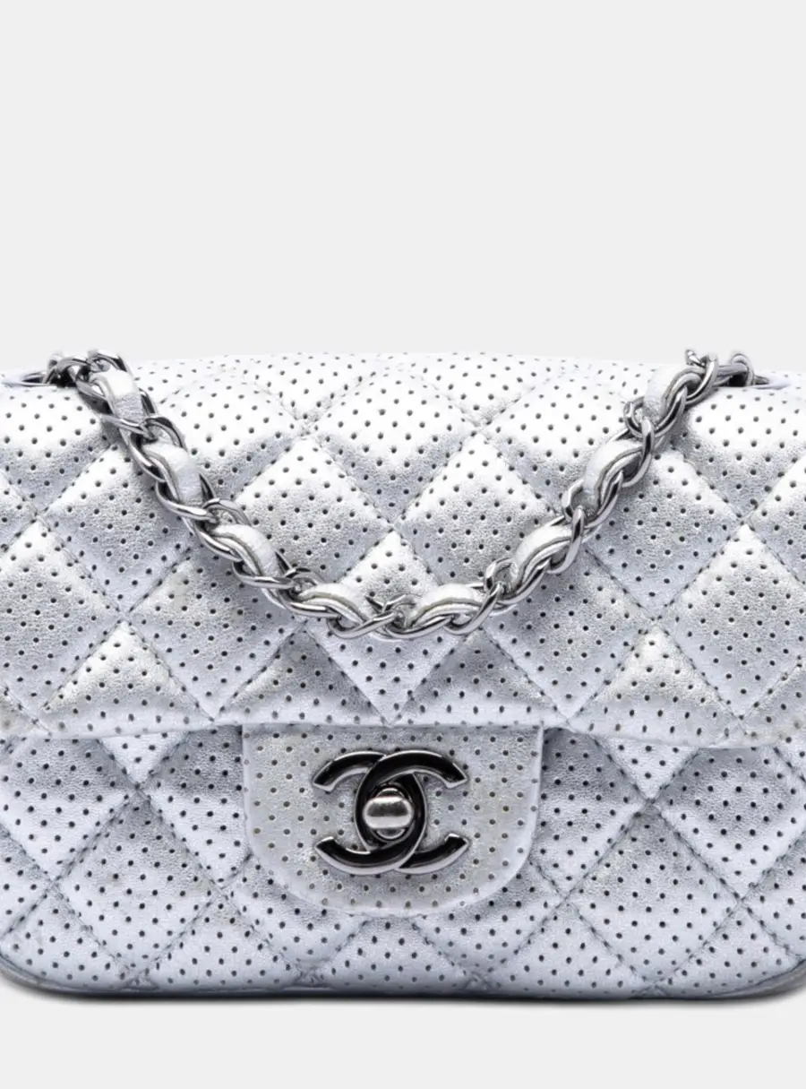 Chanel Mini Square Classic Perforated Metallic Silver Lambskin Single Flap Bag