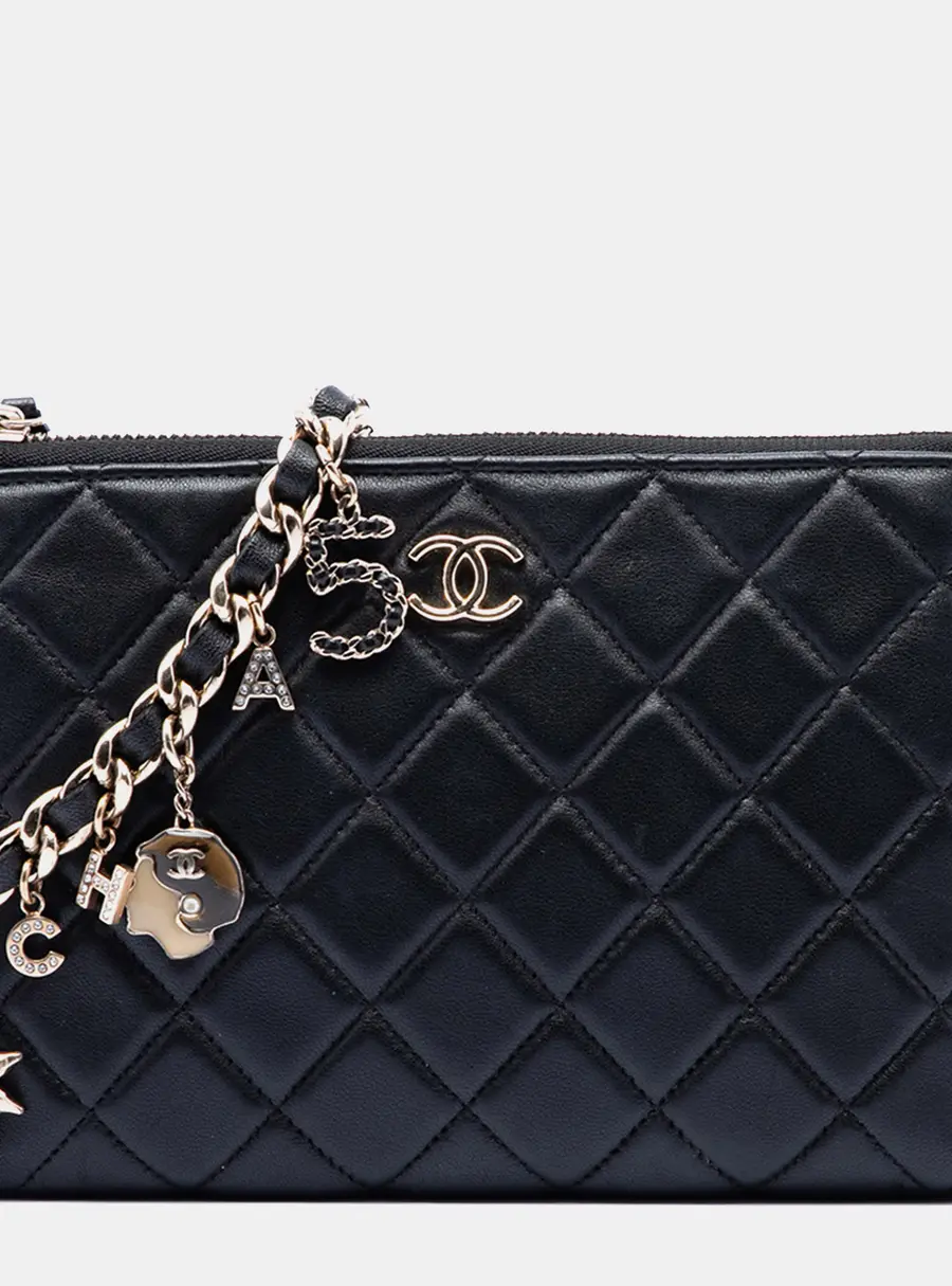 Chanel Coco Charms Medium Black Quilted Lambskin Gold Tone Metal Wristlet Bag