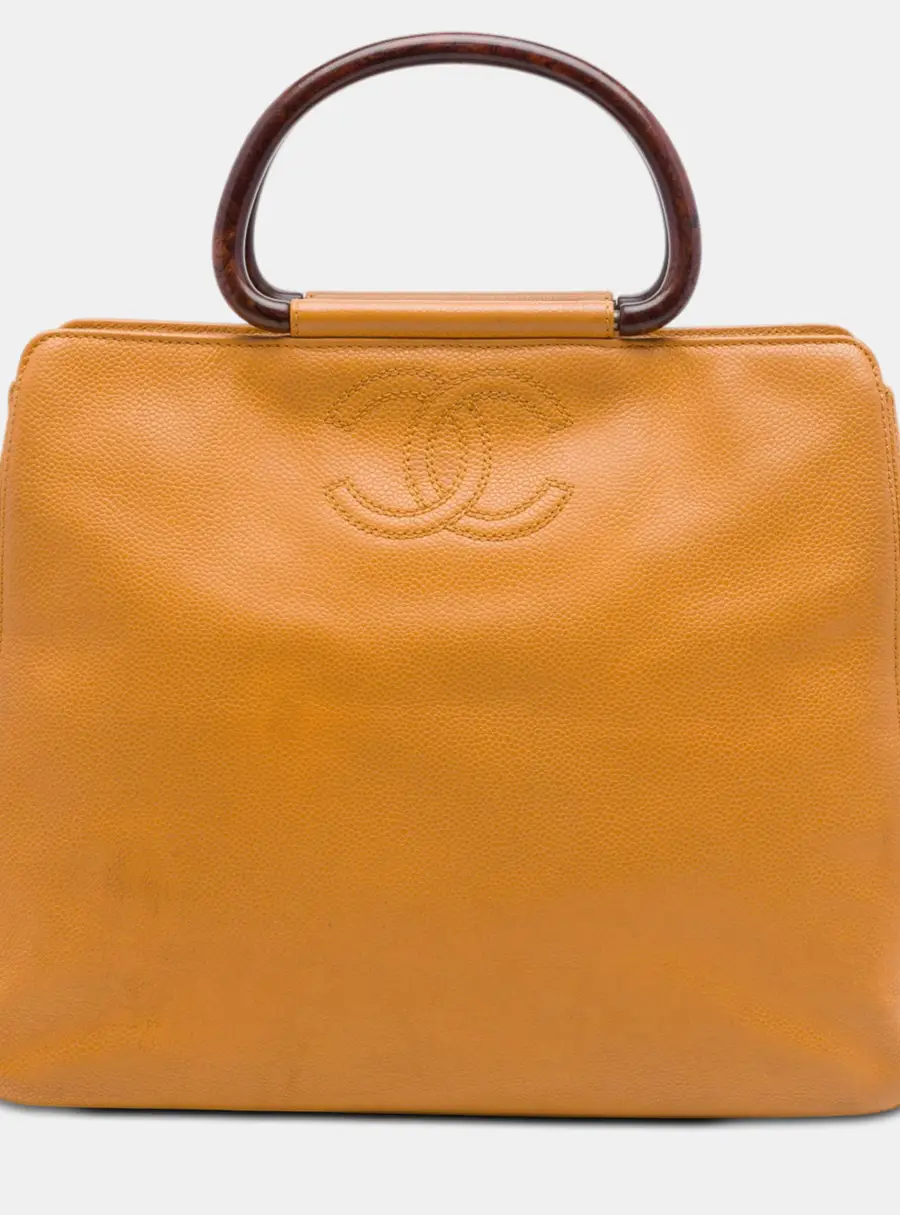 Chanel Yellow Vintage Caviar Wood Top Handle Tote Bag