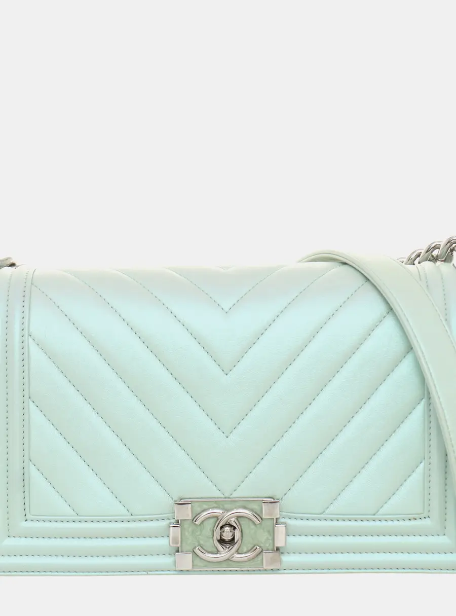 Chanel Boy Old Medium Light Green Chevron Iridescent Calfskin Leather Shoulder Bag