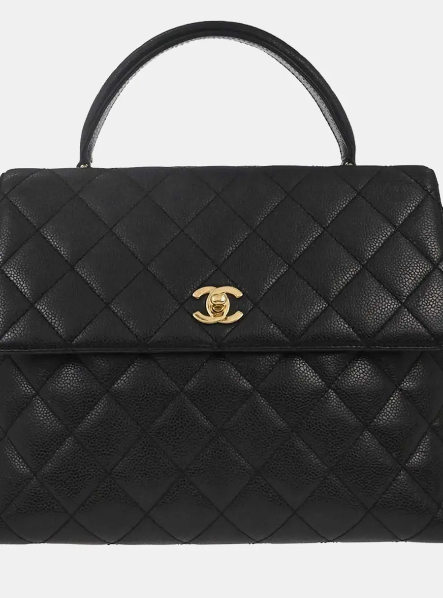 Chanel Vintage Kelly Black Quilted Caviar Leather Top Handle Bag