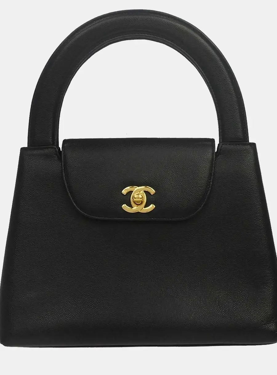 Chanel Vintage Mini Kelly Black Grained Caviar Leather Top Handle Bag
