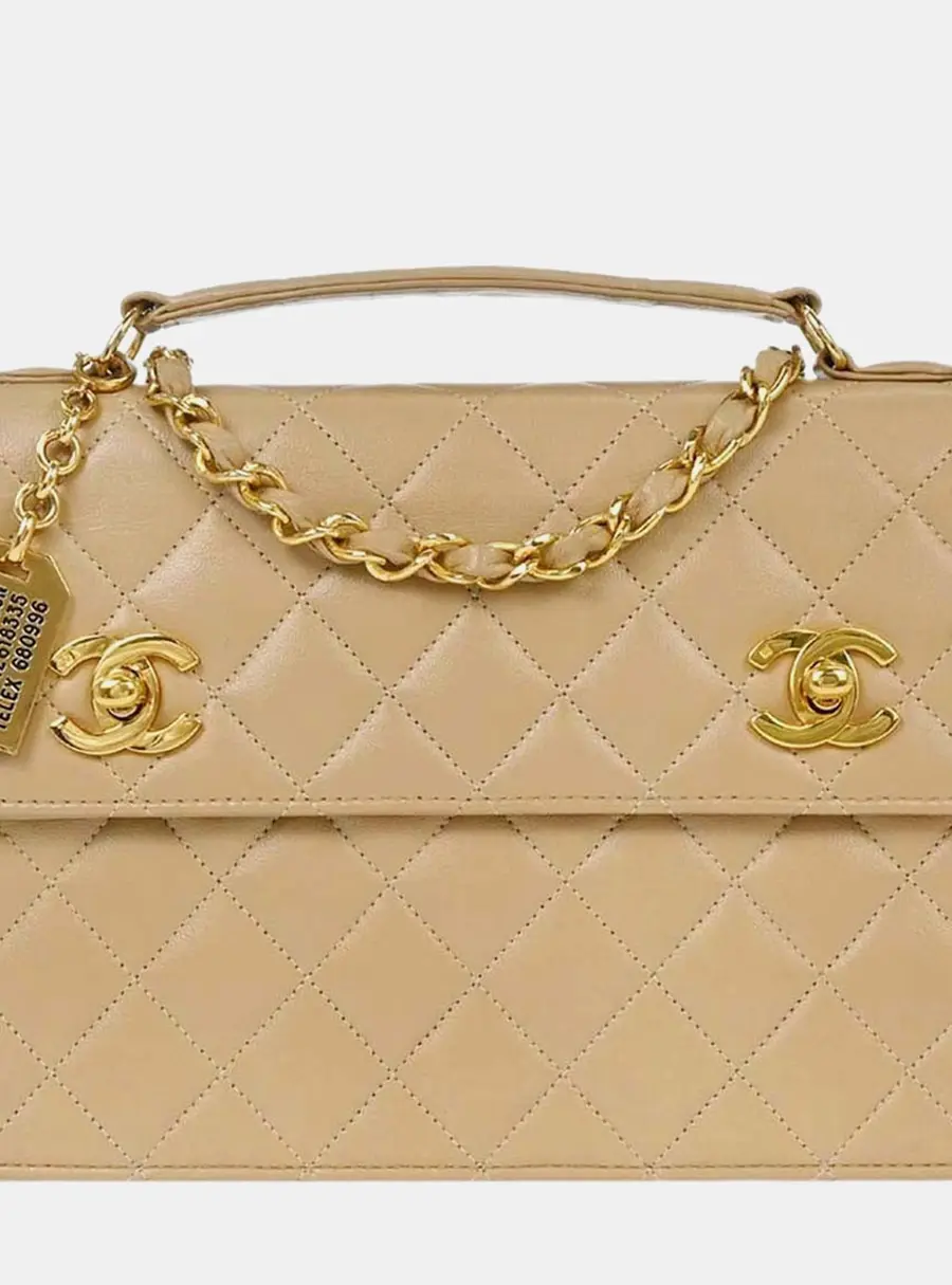 Chanel Vintage Double CC Turnlock 23 Beige Lambskin Leather Top Handle Bag