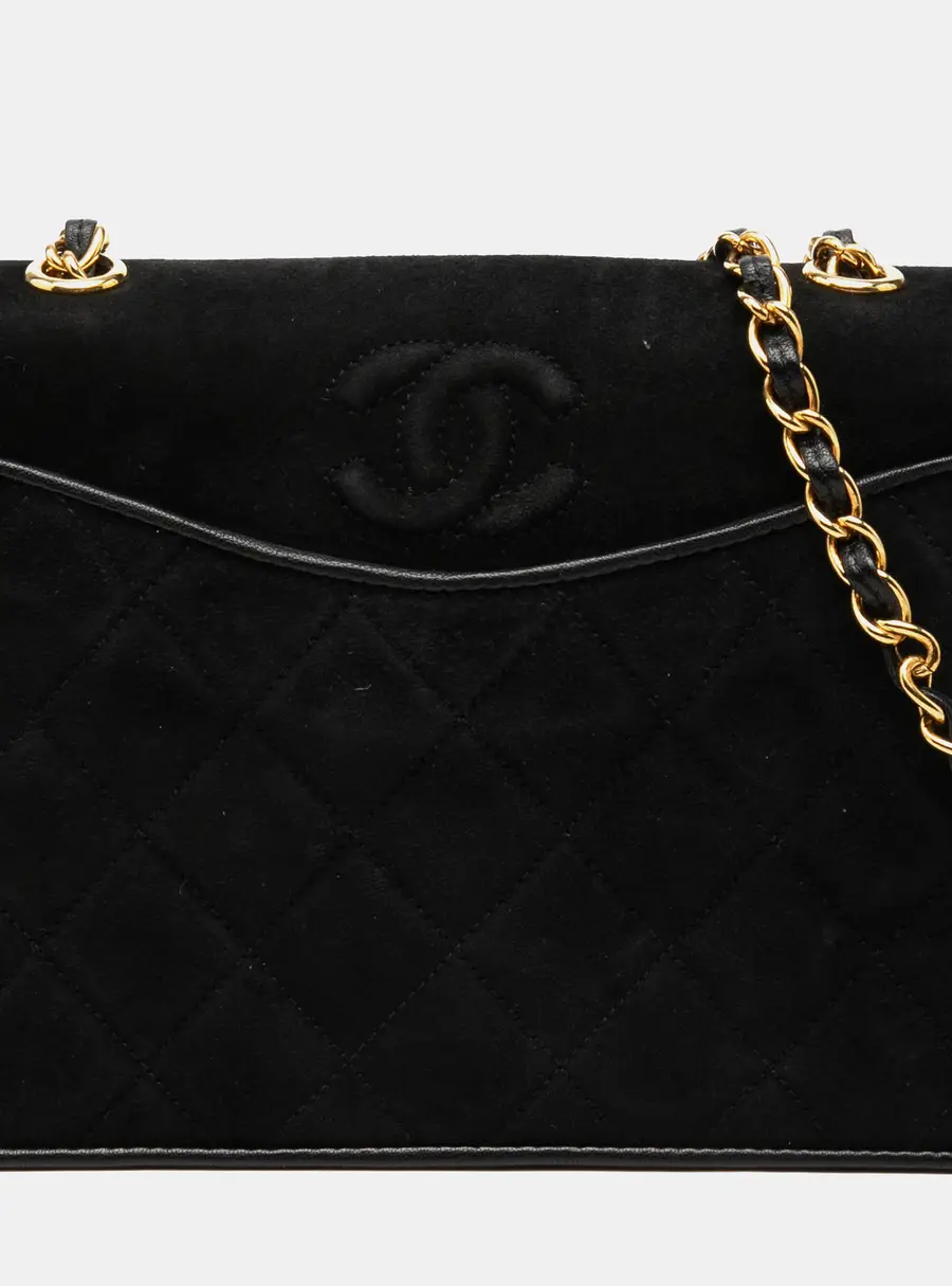 Chanel Quilted Suede Curved Front Pocket Small Black Suede Crossbody Bag