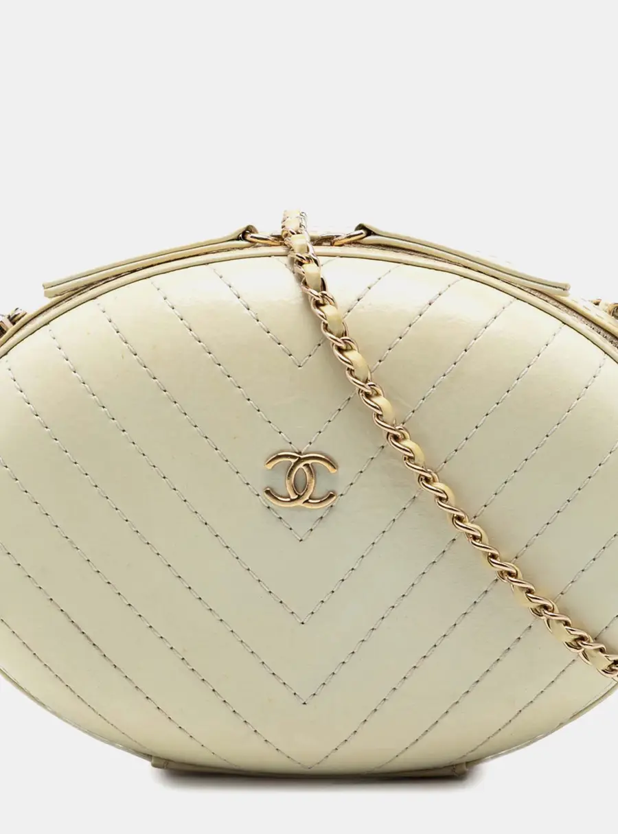 Chanel La Pausa Small Off-White Chevron Calfskin Leather Oval Evening Crossbody Bag