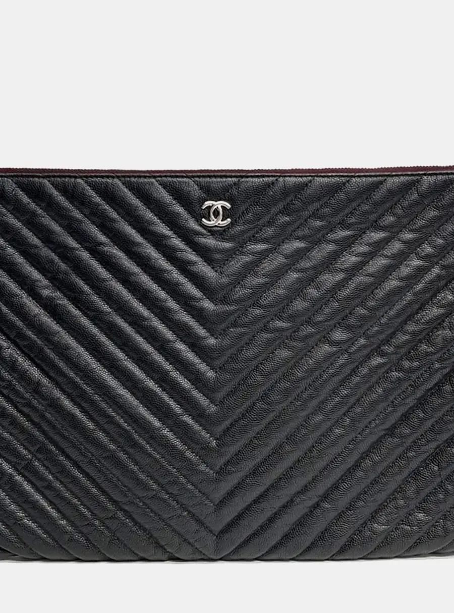 Chanel Chevron Quilted Large Black Caviar Leather Clutch Bag