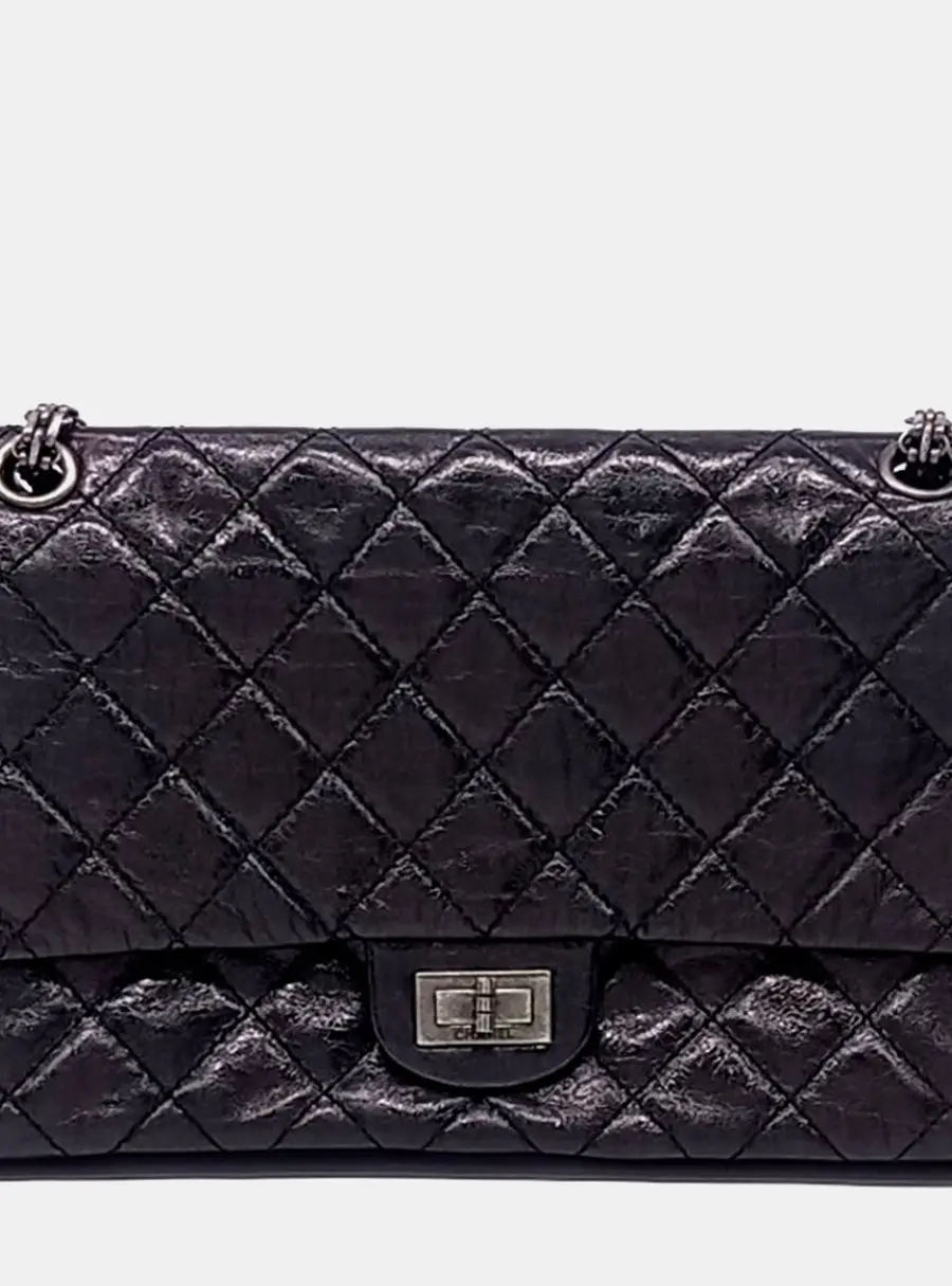 Chanel 2.55 28 Black Distressed Calfskin Leather Shoulder Bag