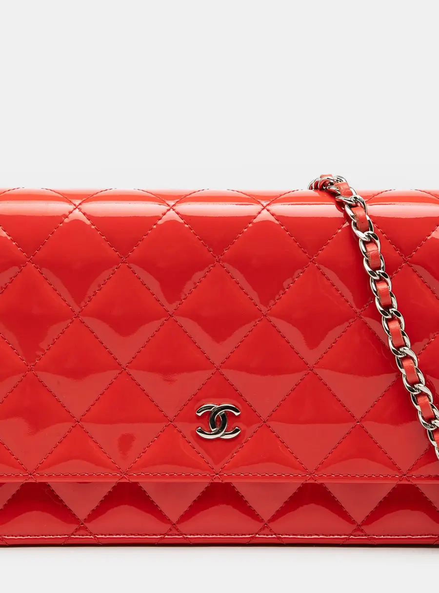 Chanel Classic Wallet on Chain Coral Red Patent Leather Flap Bag