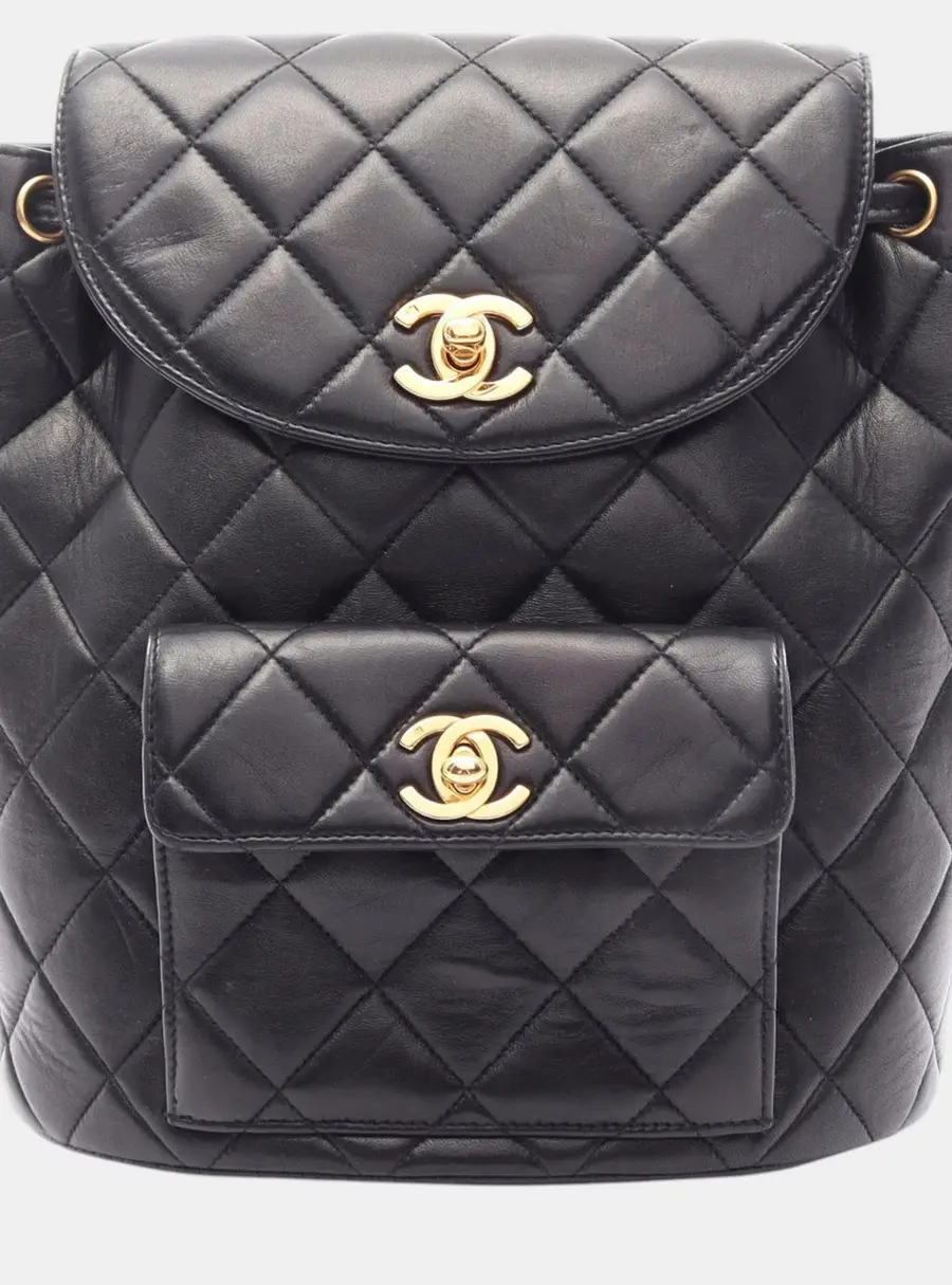 Chanel Duma Medium Black Quilted Lambskin Leather Drawstring Backpack Bag