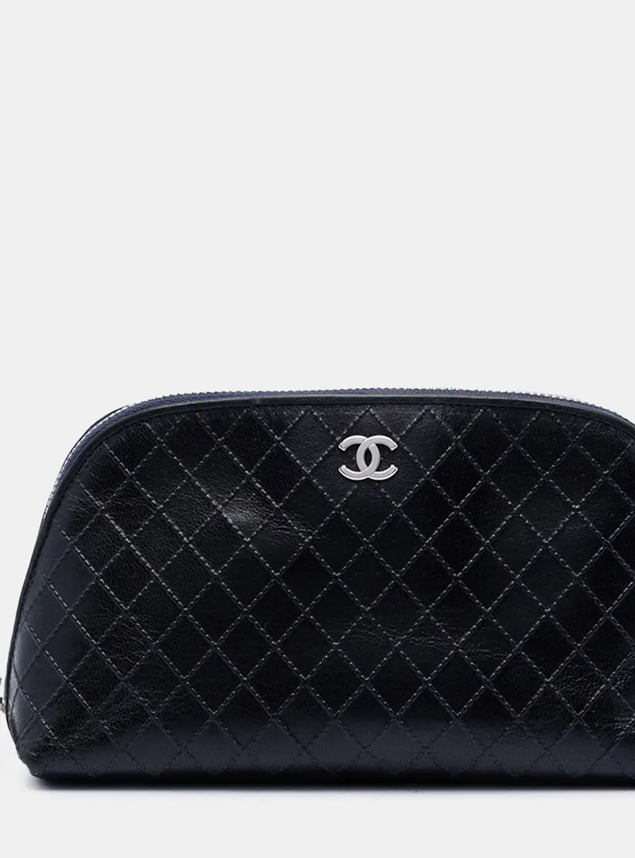 Chanel CC Diamond Embossed Black Calfskin Leather Cosmetic Pouch Bag