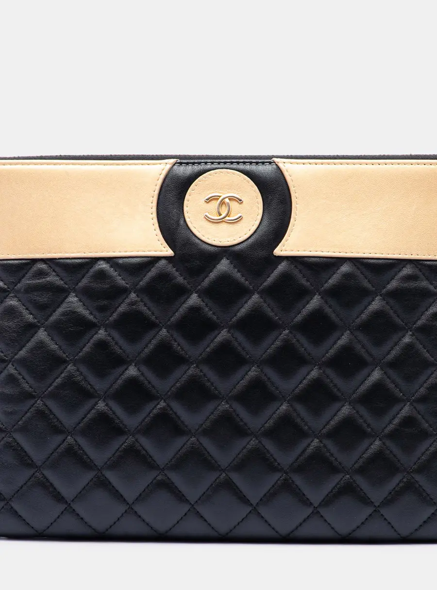 Chanel CC Bicolor Medium Black Quilted Lambskin Clutch Bag