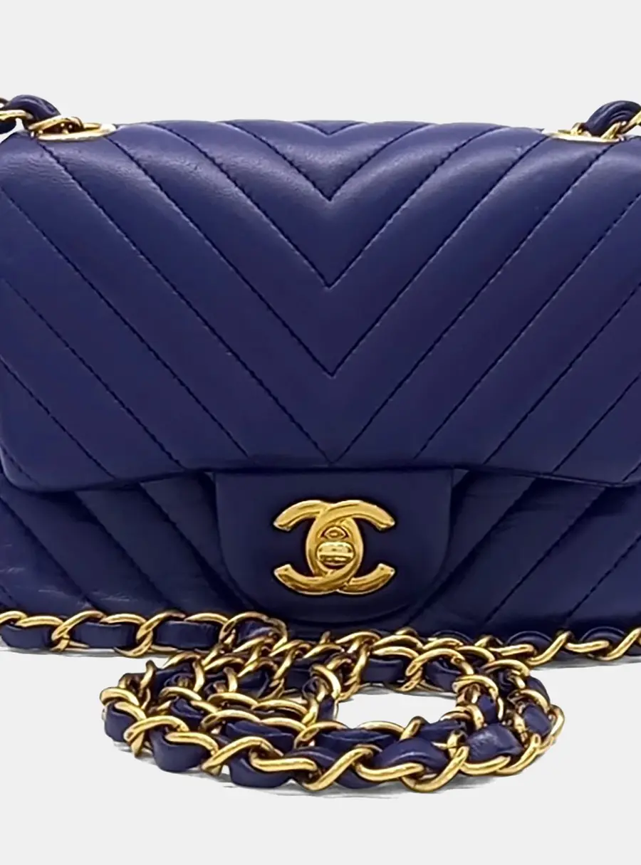 Chanel Small Chevron Flap Blue Leather Crossbody Bag