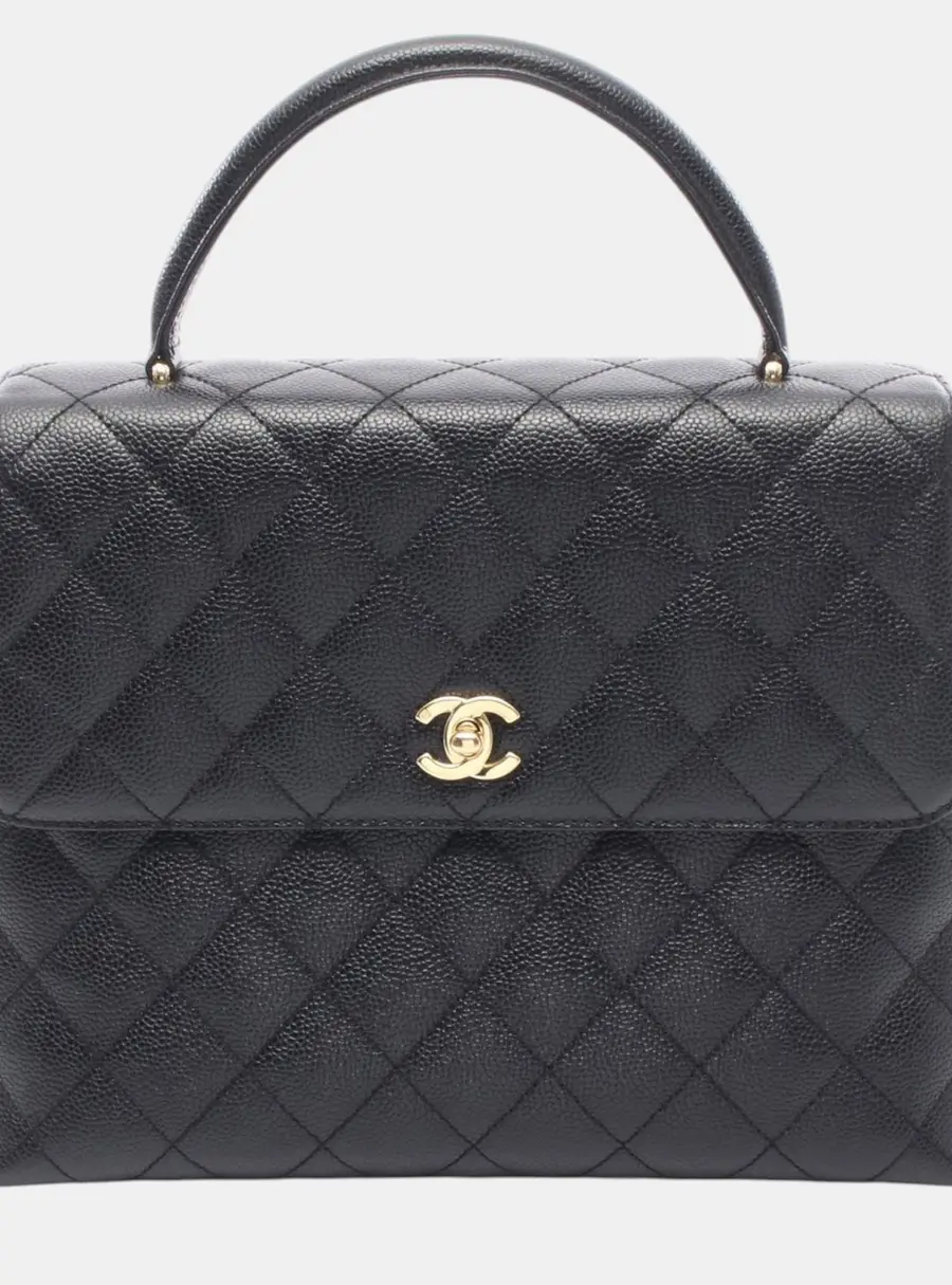 Chanel Black CC Quilted Caviar Kelly Black Caviar Leather Top Handle Bag