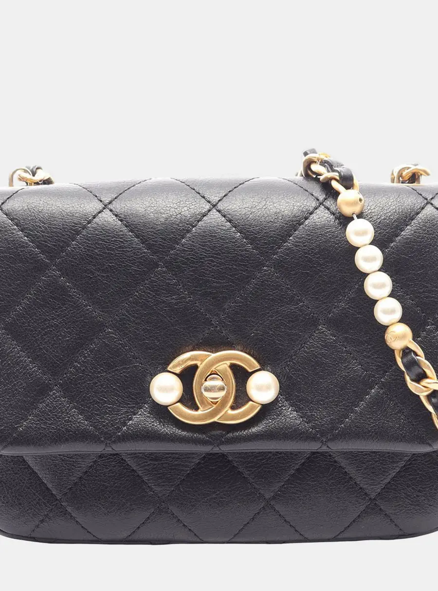 Chanel Pearl Side Mini Black Glazed Calfskin Flap Bag