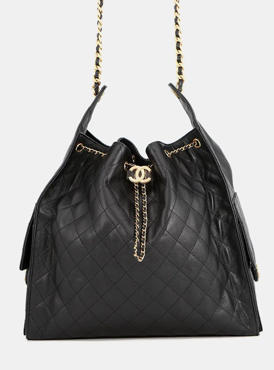 Chanel 22 Large Black Quilted Caviar Leather Drawstring Bag
