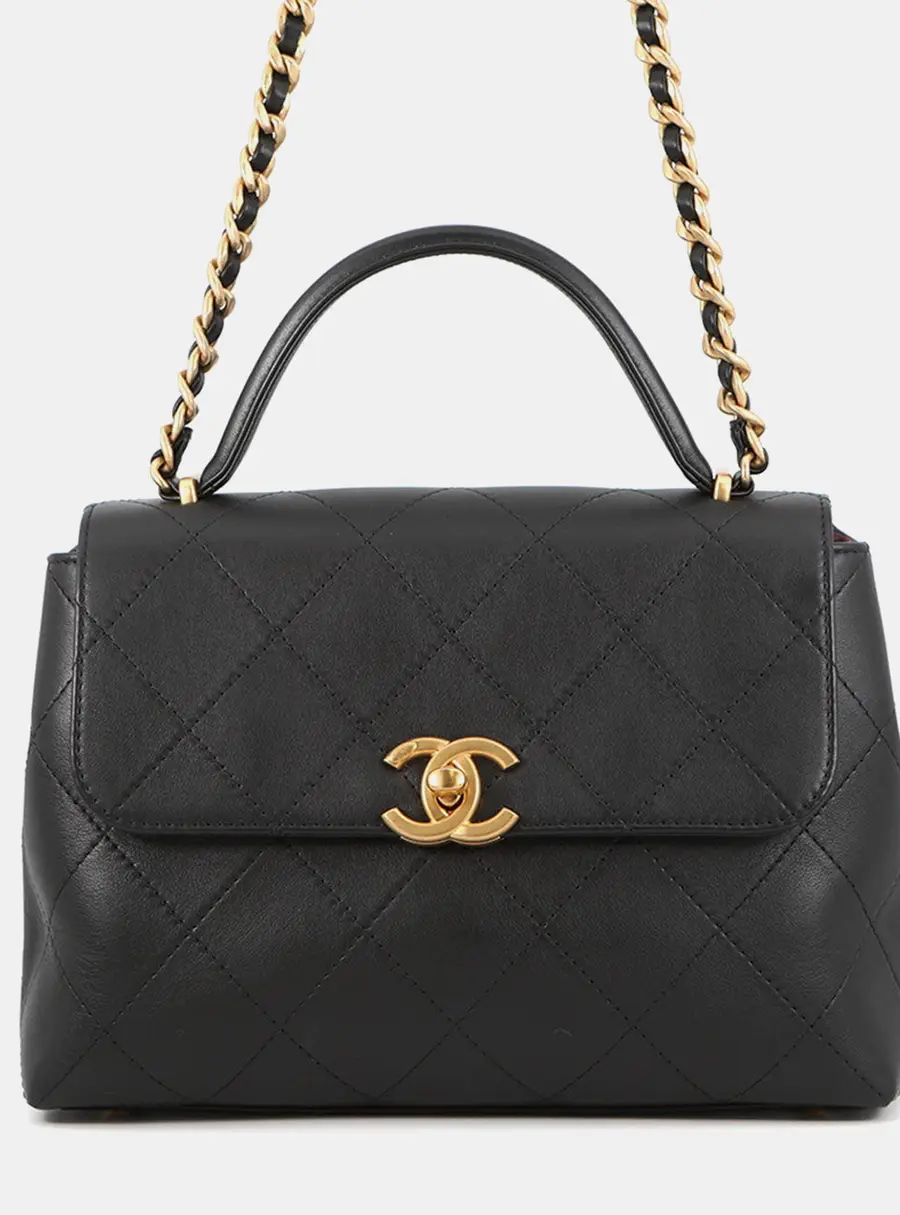 Chanel Top Handle Flap Large Black Calfskin Leather Top Handle Bag