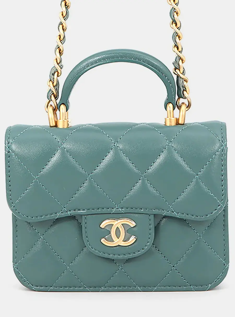 Chanel Mini Flap Bag Green Lambskin Leather Top Handle Bag