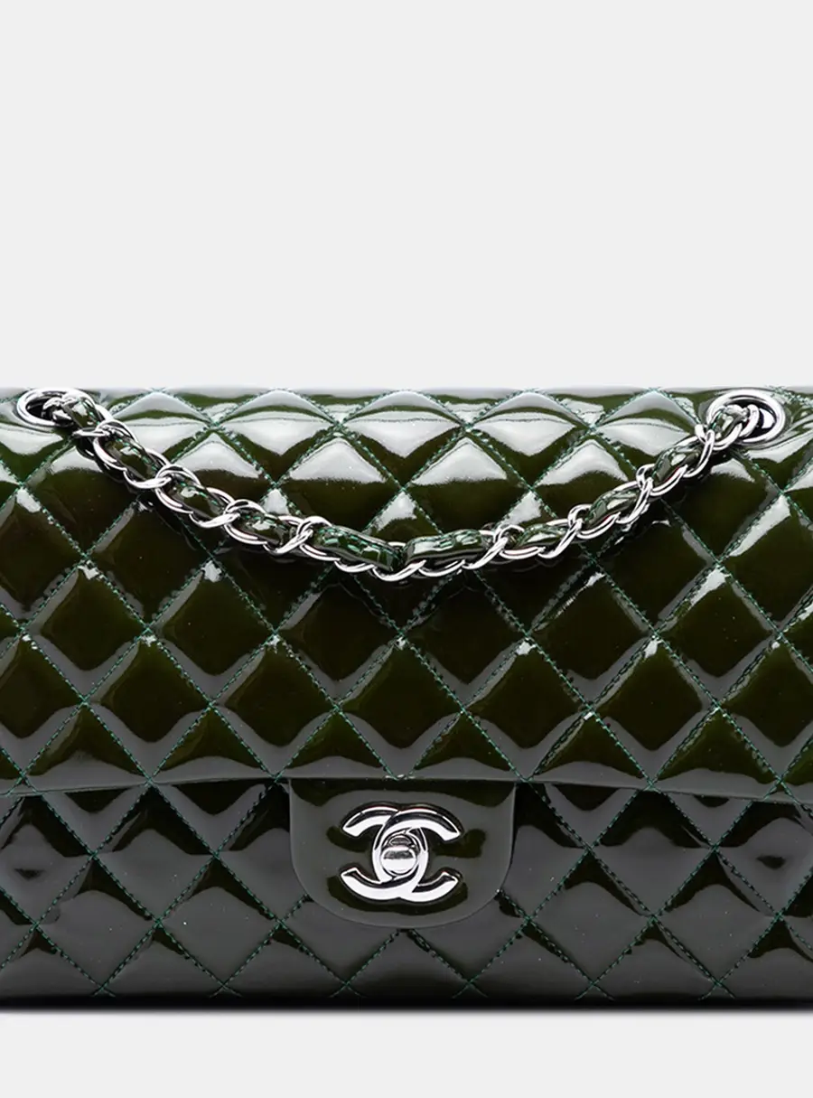 Chanel Classic Double Flap Medium Green Patent Leather Shoulder Bag