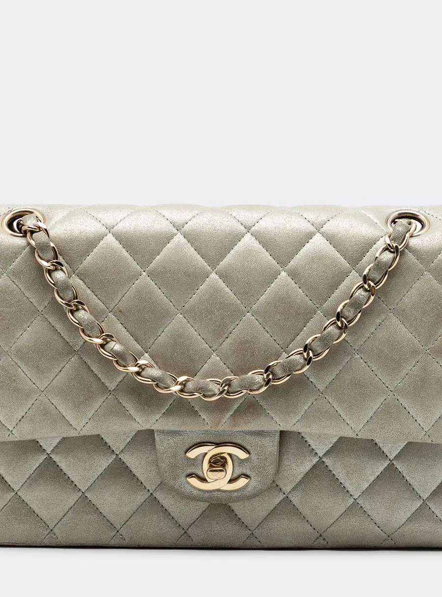 Chanel Classic Double Flap Medium Metallic Silver Iridescent Lambskin Leather Shoulder Bag