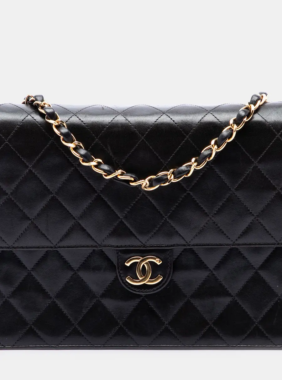 Chanel Vintage Medium CC Quilted Black Lambskin Leather Single Flap Shoulder Bag
