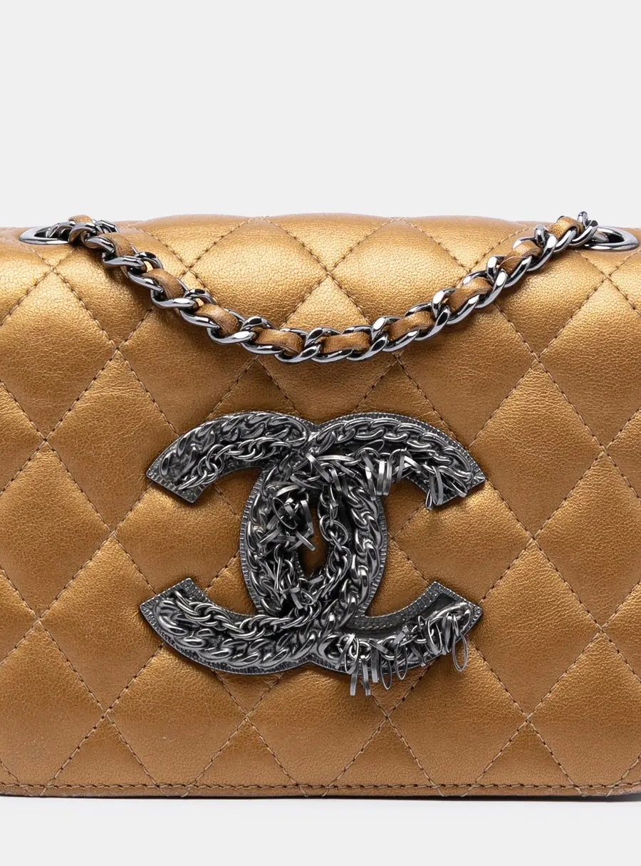 Chanel CC Chain Fringe Full Flap Mini Gold Metallic Lambskin Crossbody Bag