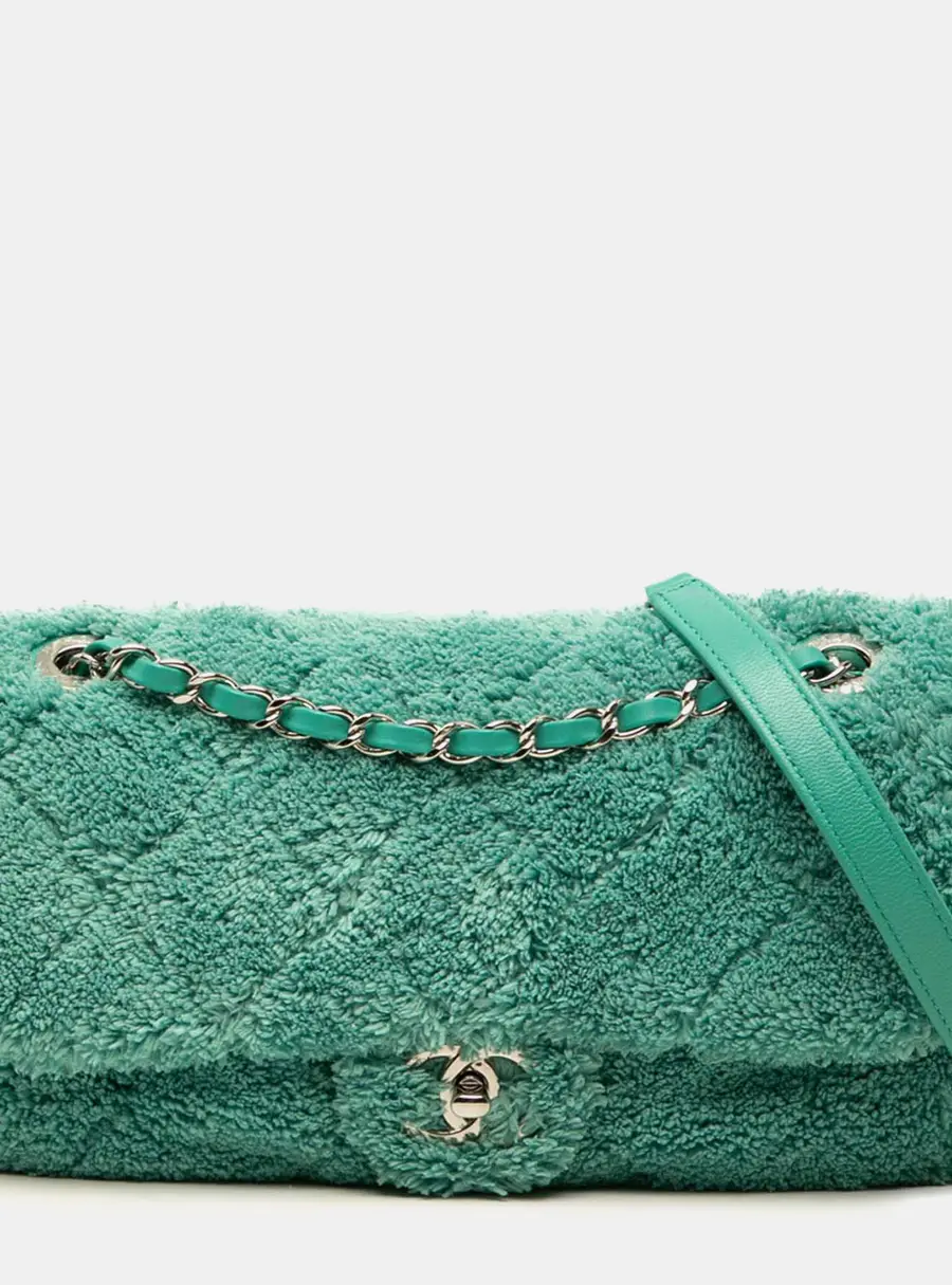 Chanel Coco Beach Medium Green Quilted Terry Cotton Flap Bag
