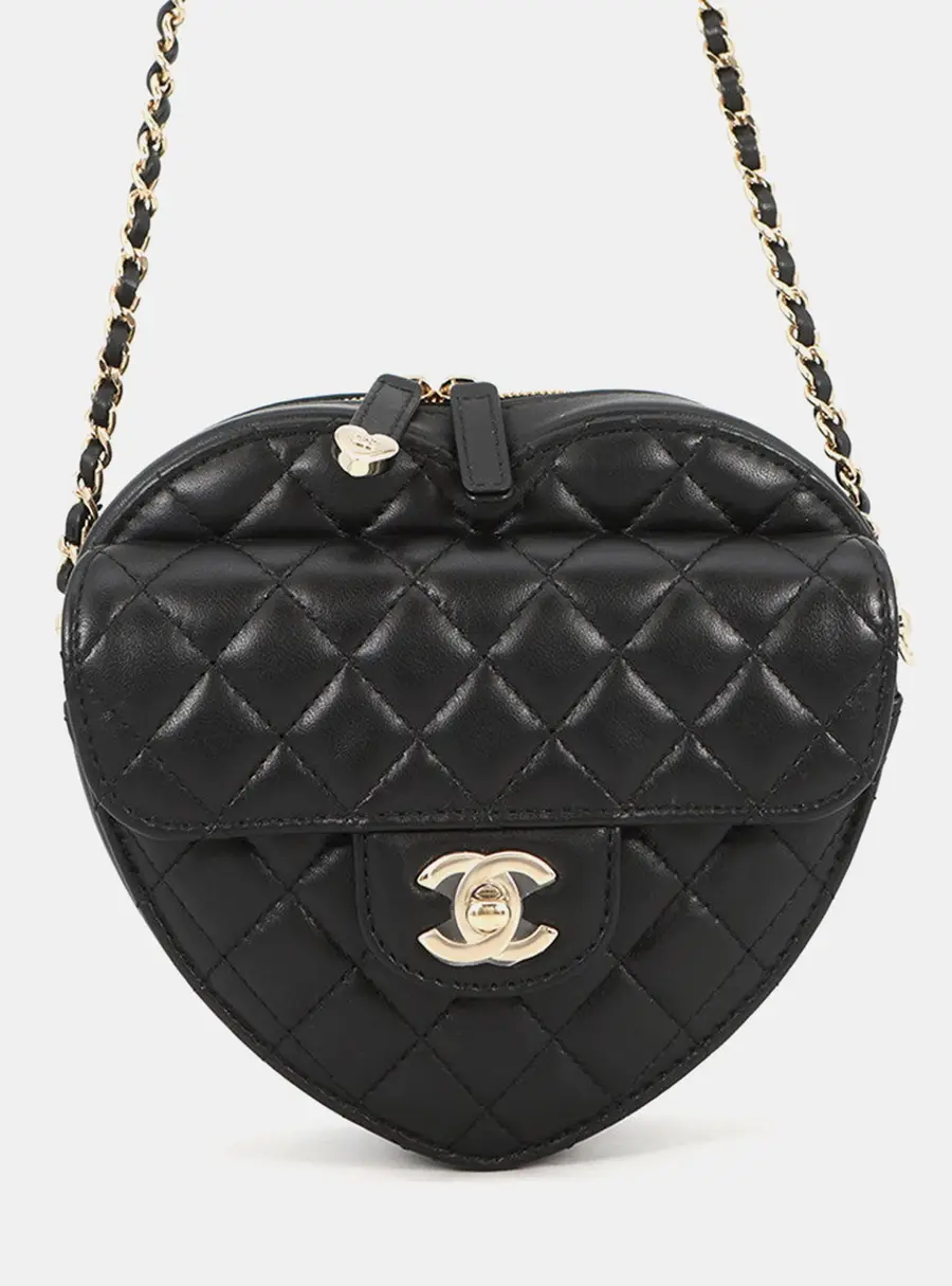Chanel Heart Shape Small Black Lambskin Leather Shoulder Bag