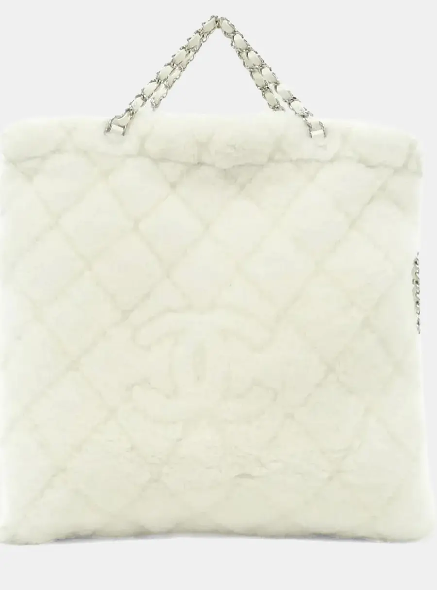 Chanel Coco Neige White Quilted Shearling Silver Tone Metal Backpack Bag