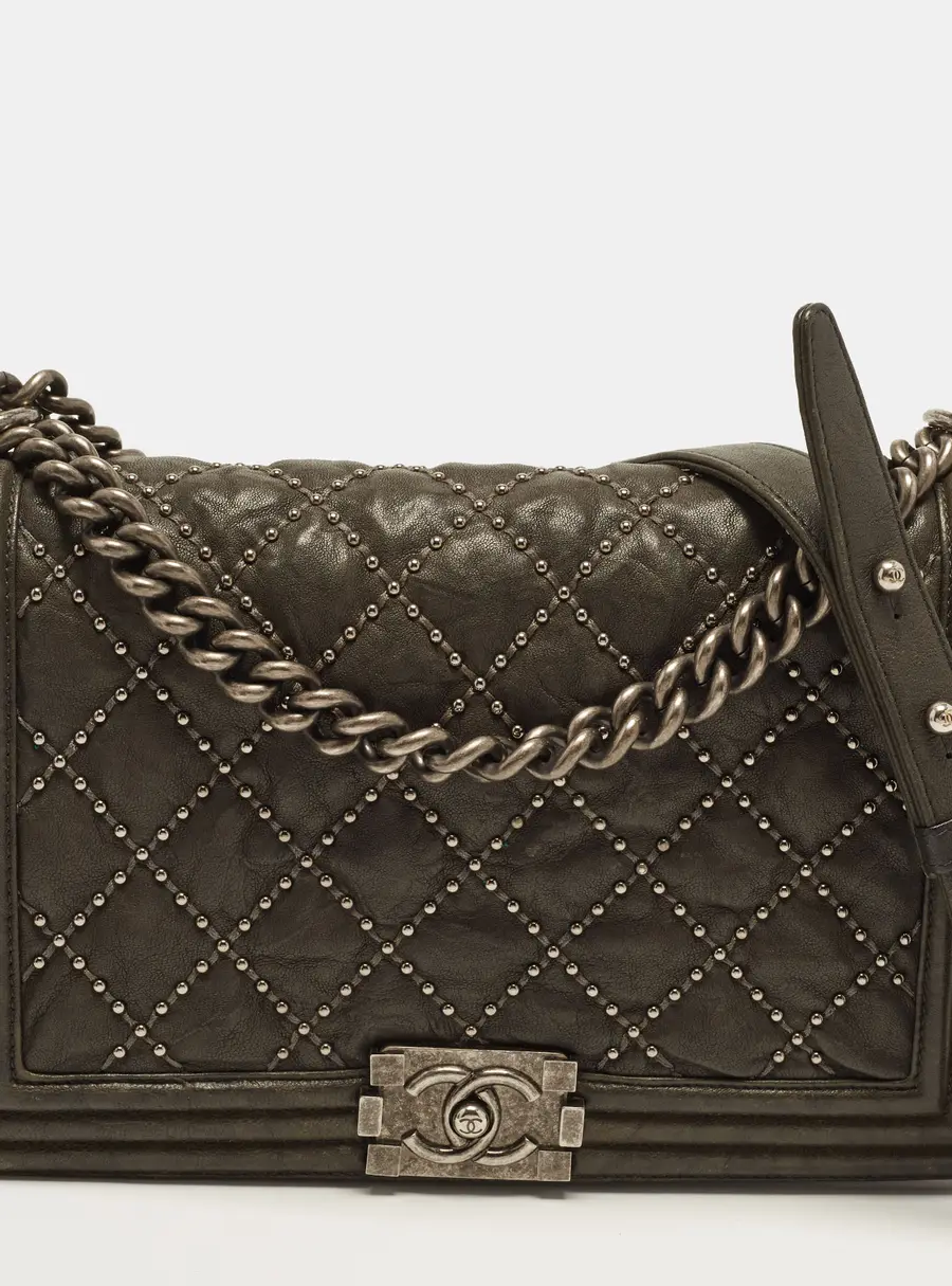 Chanel Studded Boy Flap New Medium Green Quilted Leather Bag