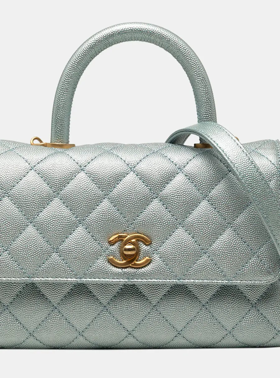 Chanel Light Blue Chanel Mini Metallic Caviar Quilted Coco Handle Flap Light Blue Top Handle Bag