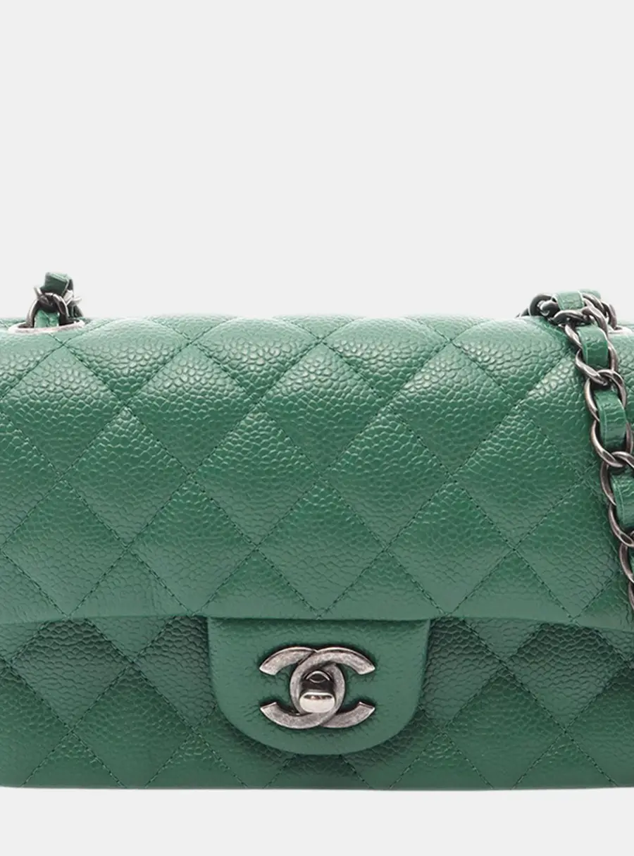 Chanel Green Chanel Classic Mini Rectangular Green Grained Calfskin Leather Single Flap Crossbody Bag