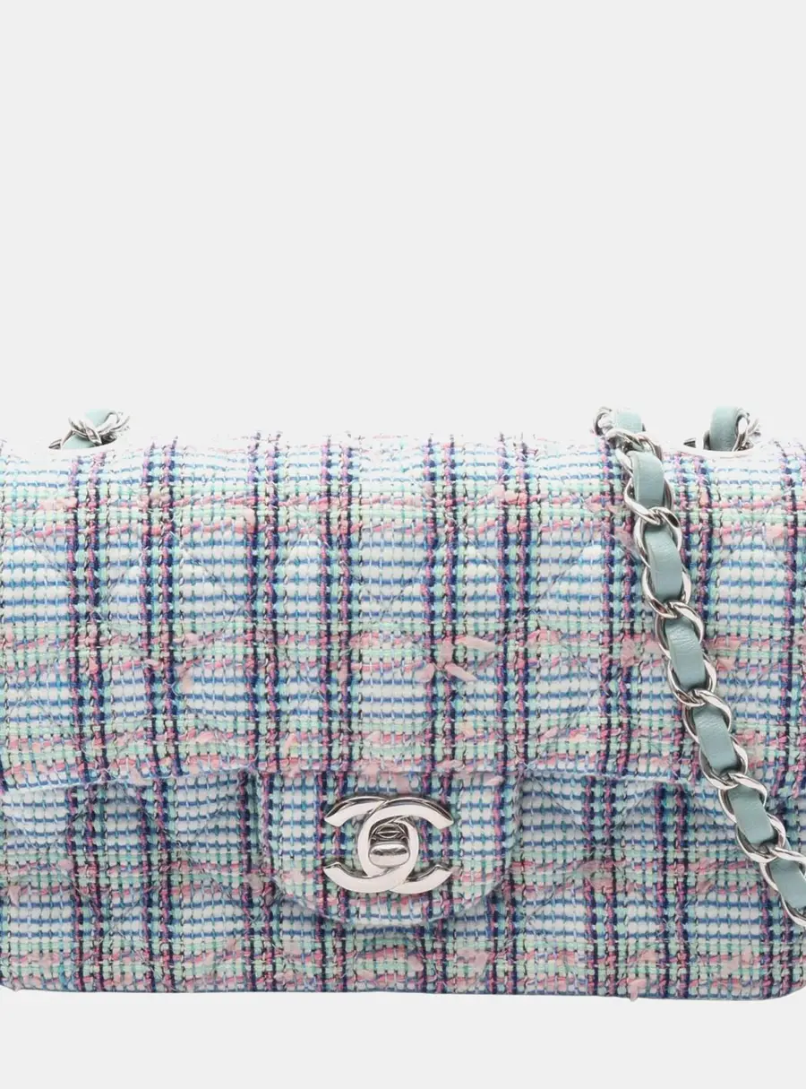 Chanel Mini Matelasse 20 Blue Green Pink Tweed Single Flap Bag
