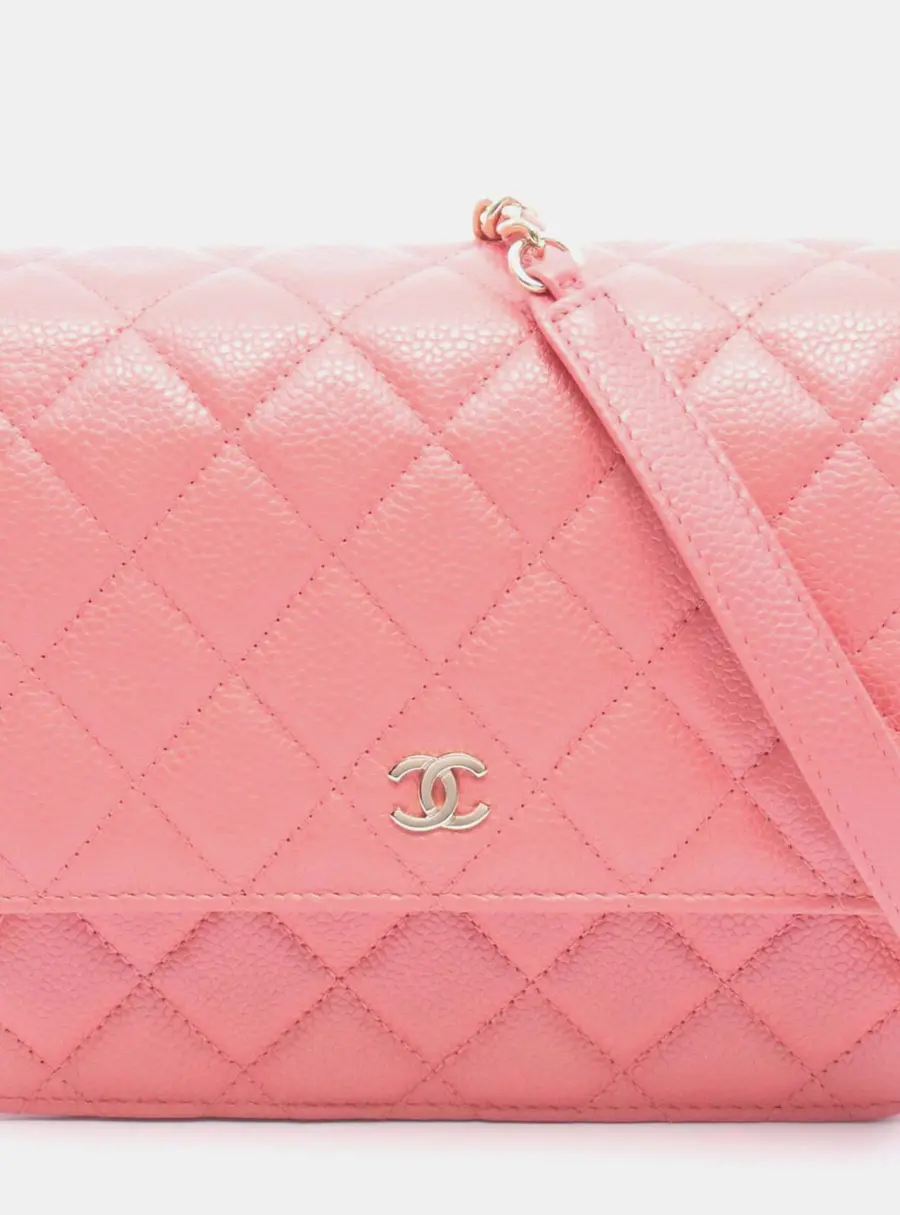 Chanel Matelasse Square Wallet On Chain Pink Caviar Grained Calfskin Crossbody Bag