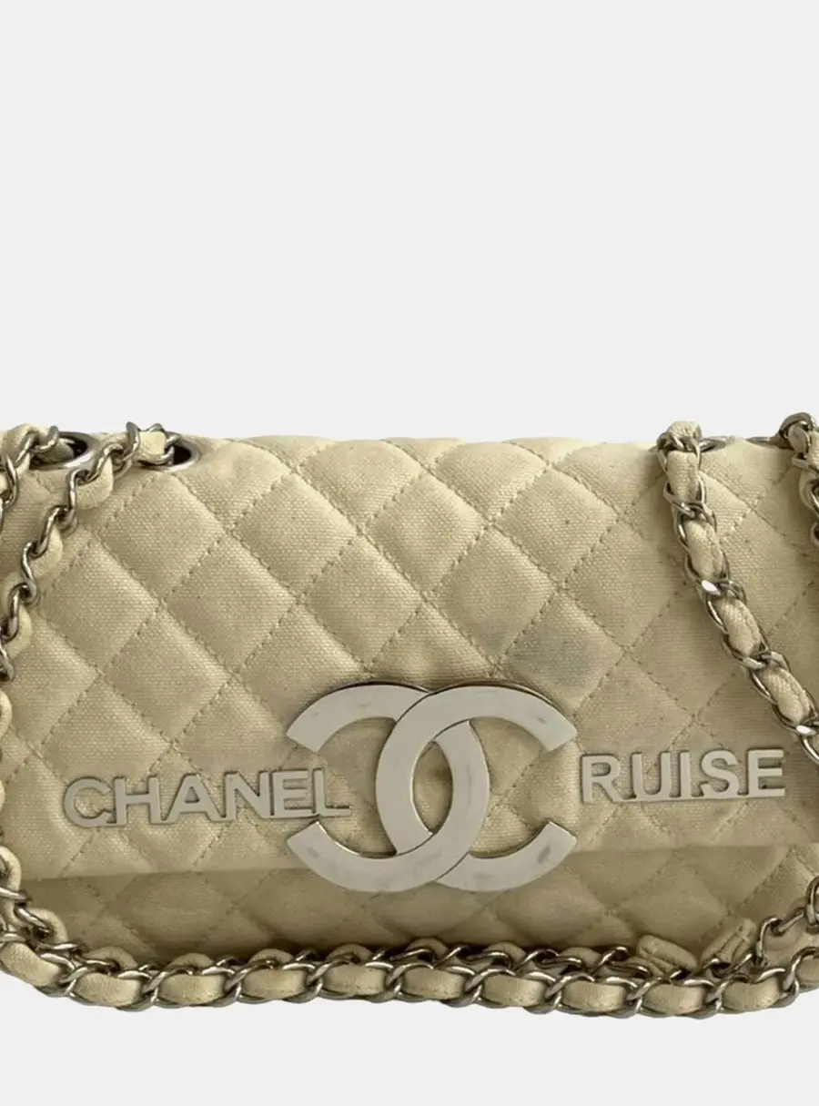 Chanel Cruise Matelasse Coco Mark Ivory Canvas Shoulder Bag