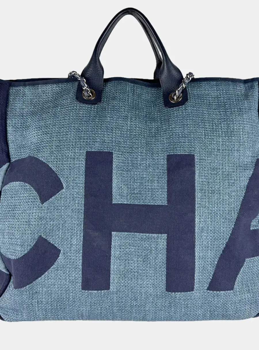 Chanel Deauville Large Blue Raffia Canvas Shopping Tote Bag