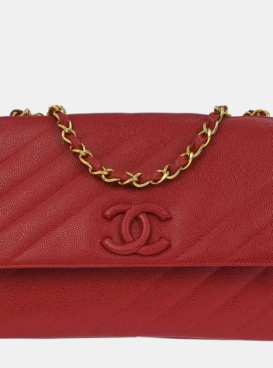 Chanel Vintage Diagonal Quilt Jumbo Red Caviar Grained Leather Shoulder Bag