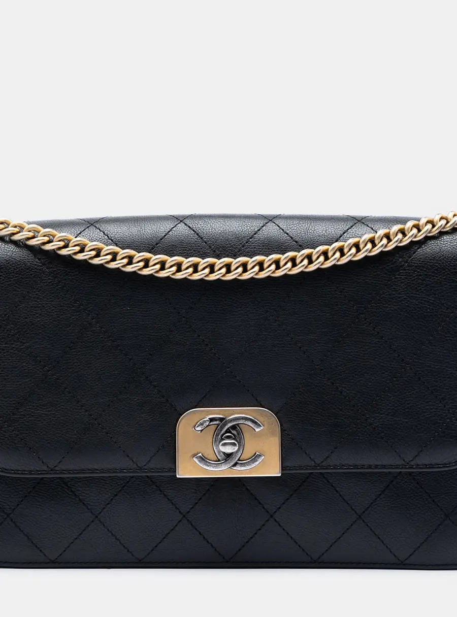 Chanel Straight Lines Medium Black Quilted Calfskin Flap Shoulder Bag