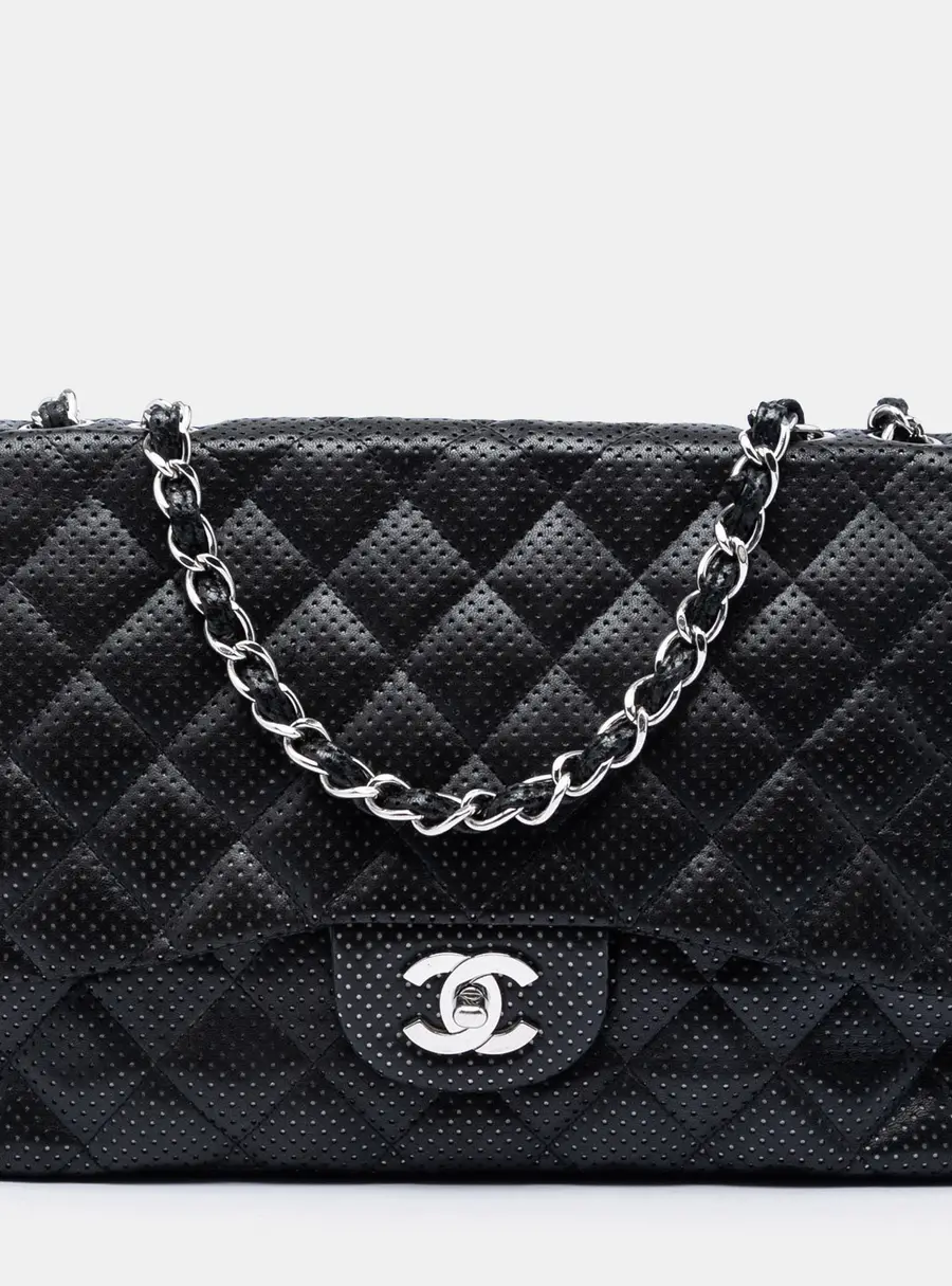 Chanel Classic Flap Jumbo Black Perforated Lambskin Leather Single Flap Bag
