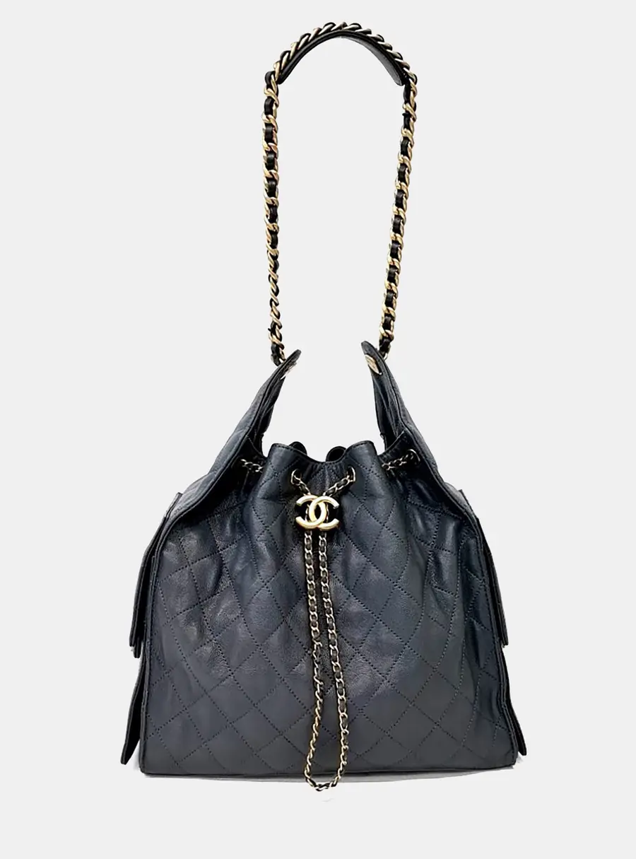 Chanel Drawstring Medium Black Calfskin Leather Shoulder Bag