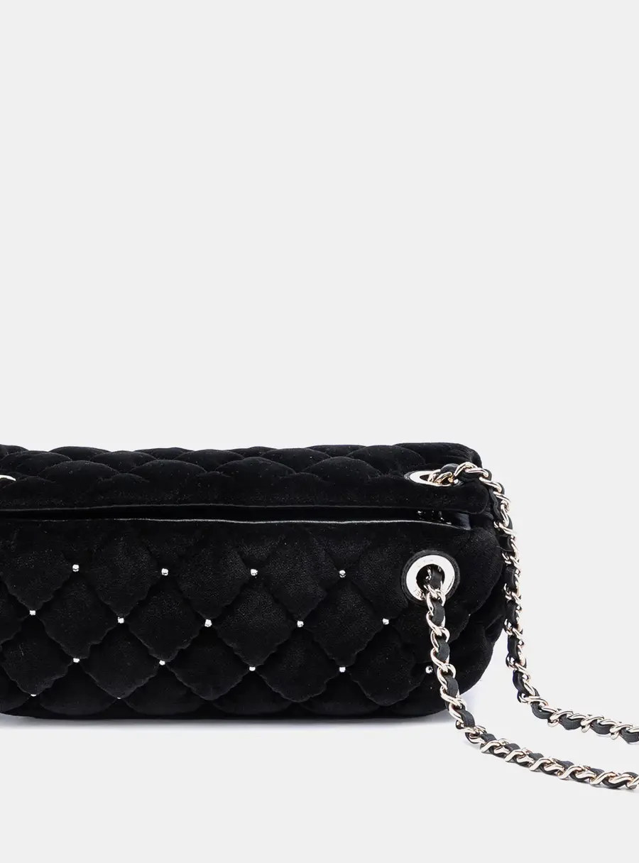 Chanel Velvet Diamante Quilted Black Fabric Evening Wristlet Clutch Bag