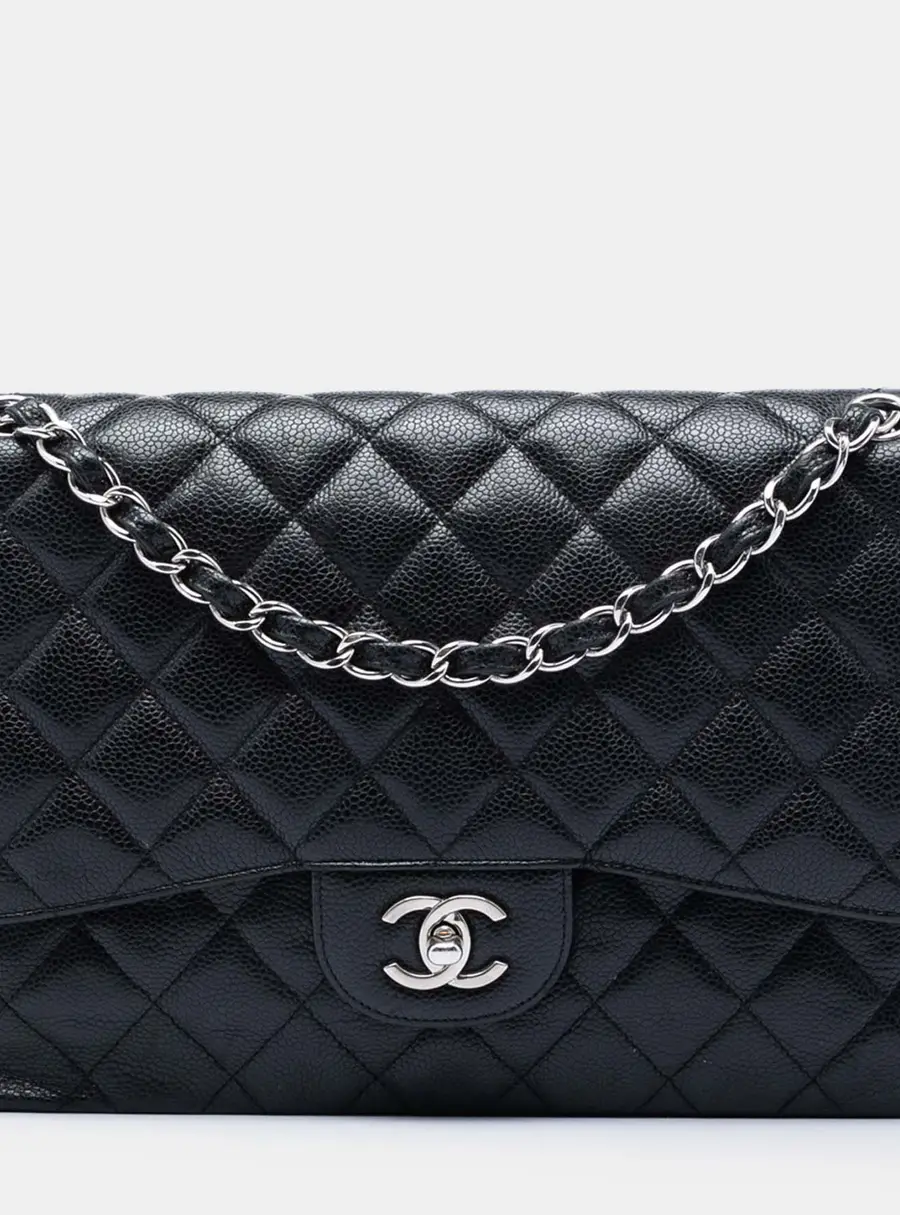 Chanel Classic Jumbo Black Quilted Caviar Leather Silver Hardware Double Flap Bag