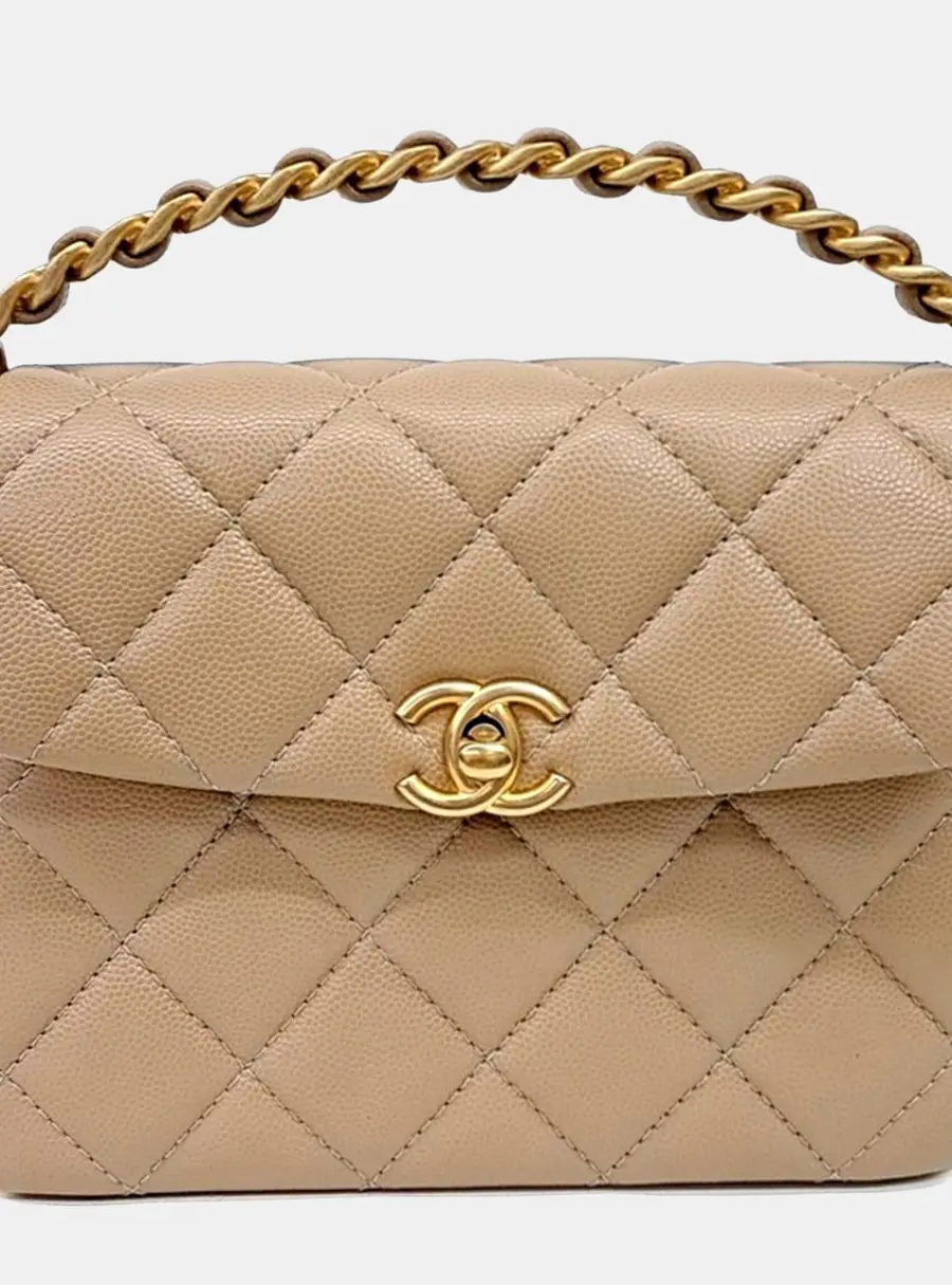 Chanel Mini Flap Beige Grained Calfskin Leather Top Handle Bag