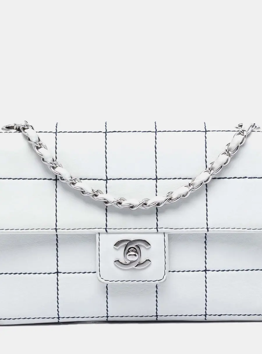 Chanel Chocolate Bar Medium White Stitched Lambskin Leather Flap Bag