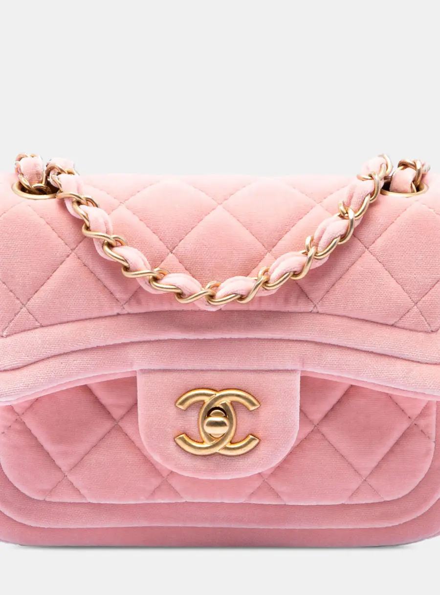 Chanel Mini Quilted Velvet Double Frame Flap Pink Velvet Crossbody Bag